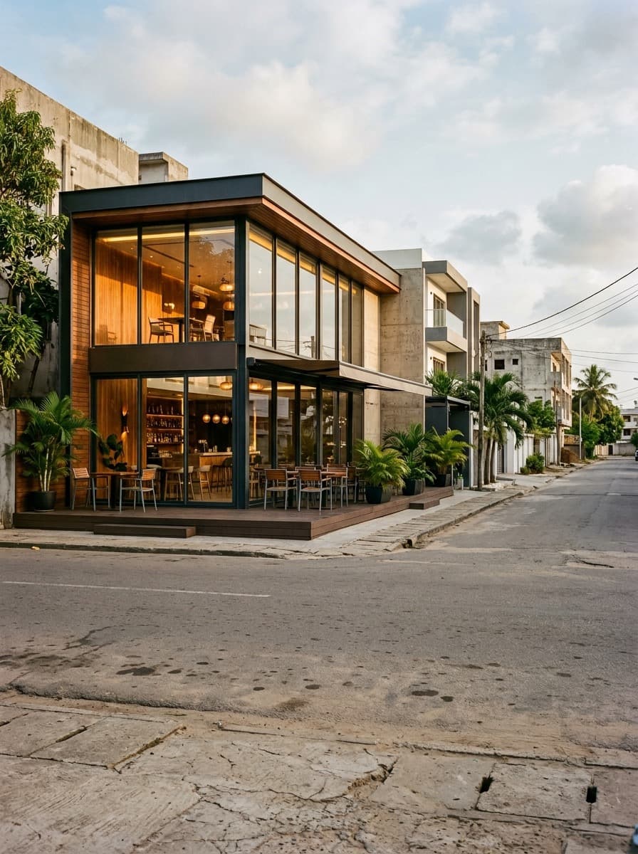 Restaurant haut de gamme éclairé la nuit dans une rue vide, illustrant une entreprise de qualité mais invisible faute de visibilité digitale